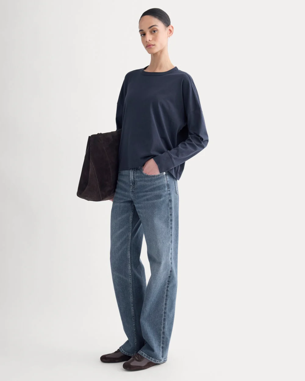 Pull-over oversize à col rond en coton essentiel | Bleu marine profond