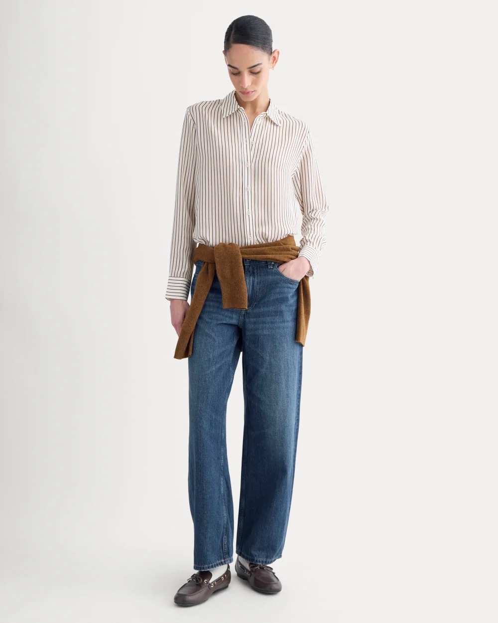 La Chemise Indispensable en Soie Lavable | Rayures Crème / Caramel