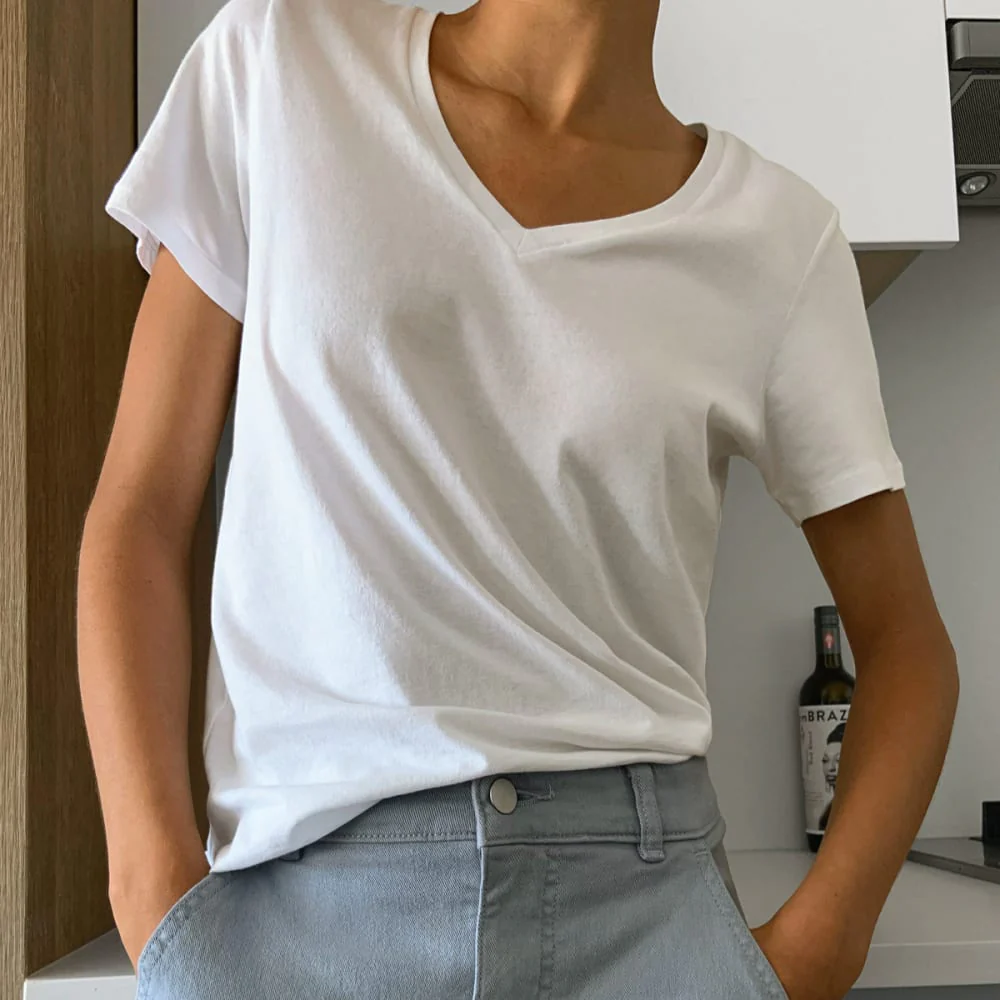 Le T-shirt en coton bio à col en V | Blanc