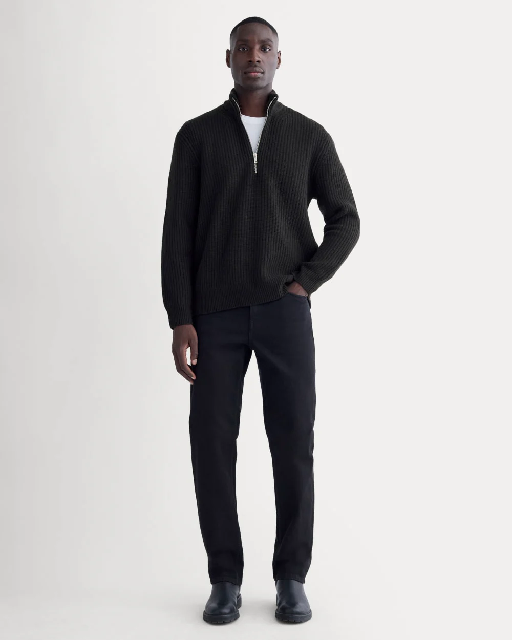 Le Pull à Col Zippé à Moitié en Laine Mérinos Feltée | Noir
