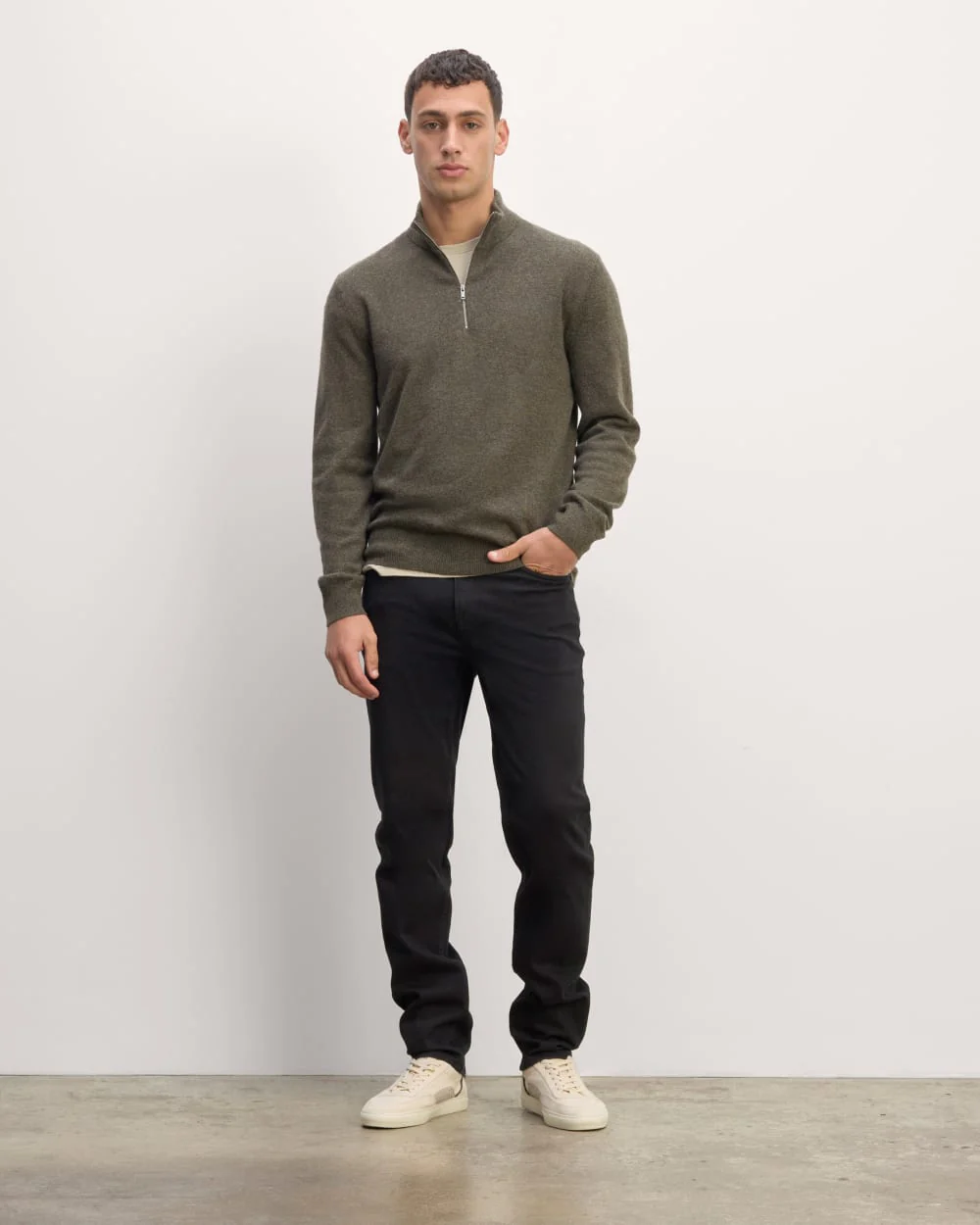 Le pull à fermeture éclair quart-zip en cachemire | Vert armée melé